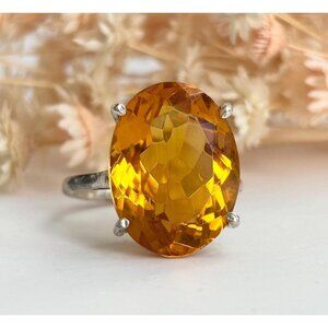 Oval Cut Citrine Gemstone Silver Toned Solitaire Vintage Ring - sz 7.25
